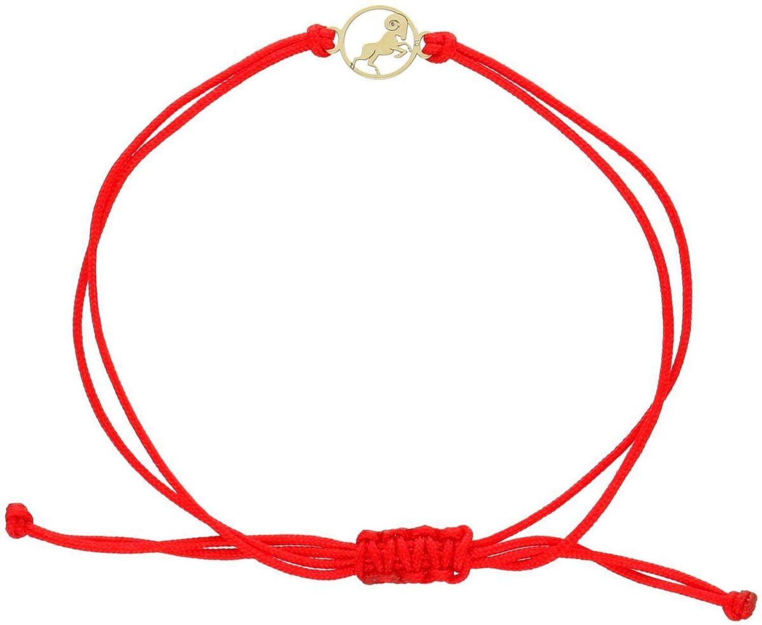 Subtelna bransoletka damska ze złota próby 585 na czerwonym sznurku z okrągłą zawieszką symbolem zodiaku Baran (8 mm). Ściągane zapięcie, regulowana długość, idealna na prezent lub osobisty 1.jpg