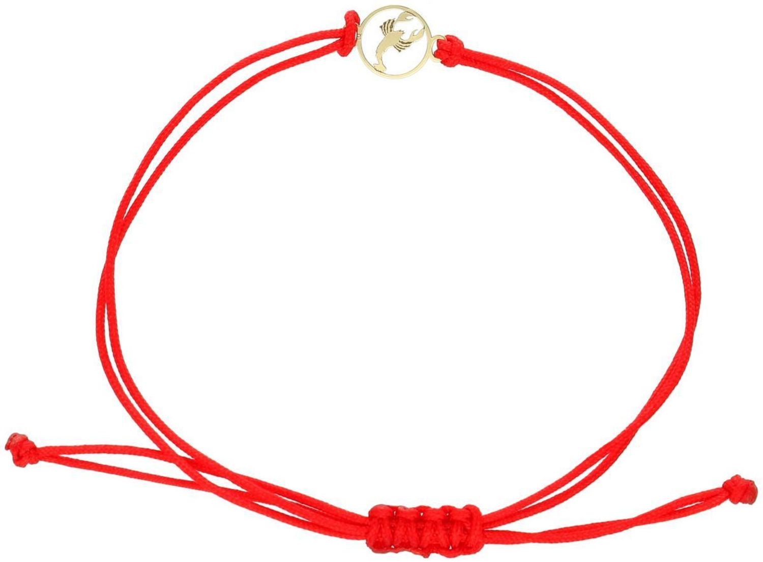 Złota bransoletka damska 585 z symbolem zodiaku Rak na czerwonym sznurku. Delikatna, regulowana, ze ściąganym zapięciem. Idealna jako prezent dla zodiakalnego Raka lub talizman szczęścia.1.jpg