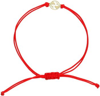 Subtelna bransoletka damska ze złota próby 585 na czerwonym sznurku z okrągłą zawieszką symbolem zodiaku Ryby. Ściągane zapięcie, regulowana długość, idealna na prezent lub osobisty talizman.1.jpg