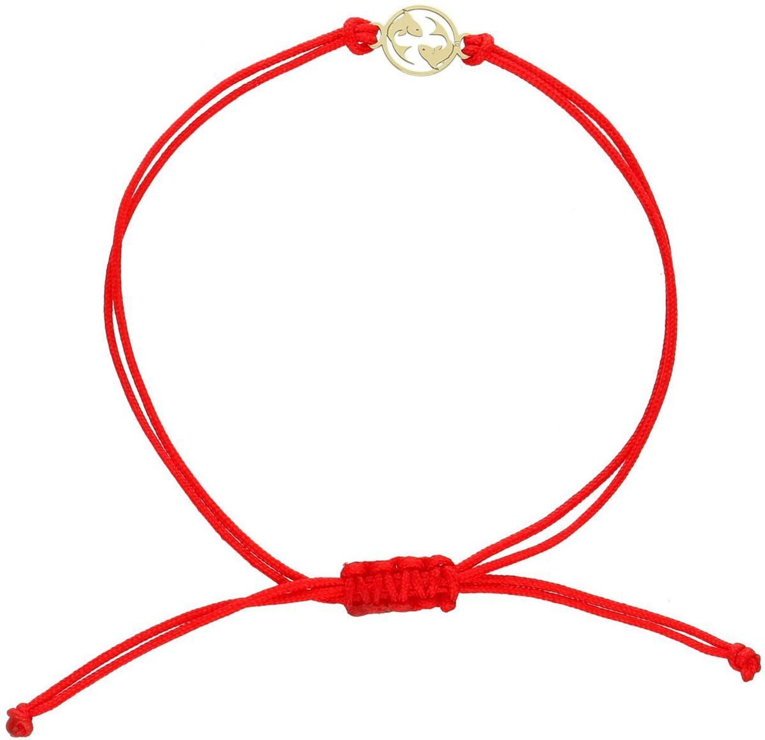 Subtelna bransoletka damska ze złota próby 585 na czerwonym sznurku z okrągłą zawieszką symbolem zodiaku Ryby. Ściągane zapięcie, regulowana długość, idealna na prezent lub osobisty talizman.1.jpg