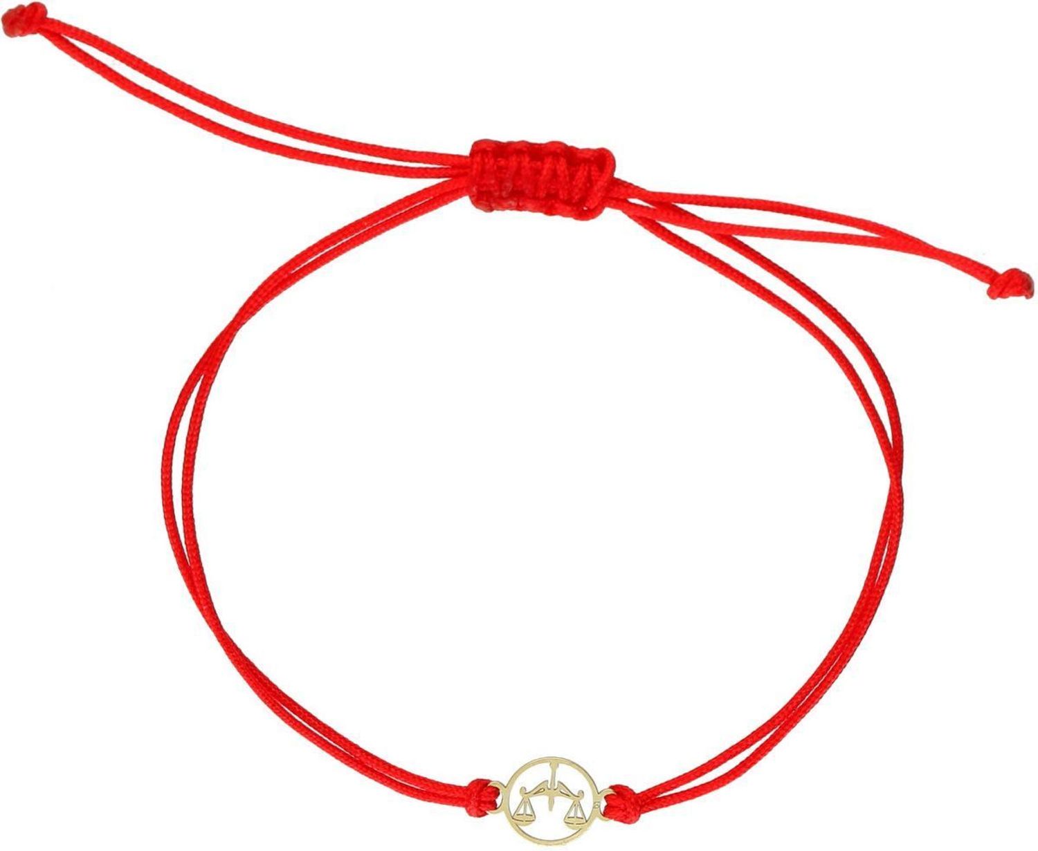 Subtelna bransoletka damska ze złota próby 585 na czerwonym sznurku z okrągłą zawieszką symbolem zodiaku Waga (8 mm). Ściągane zapięcie, regulowana długość, idealna na prezent 1.jpg