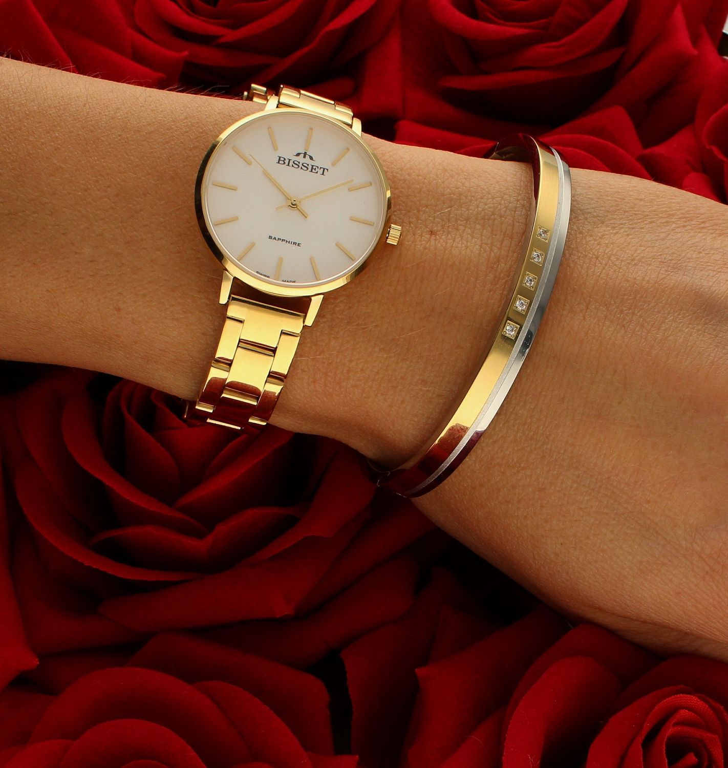 Złota bransoletka damska sztywna złoto-srebrna z cyrkoniami DIA-BRA-B712942-STAL. Sztywna bransoletka stalowa (2).jpg