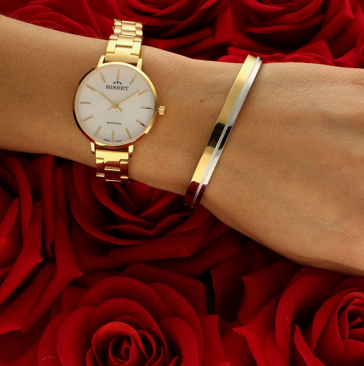 Złota bransoletka damska sztywna złoto-srebrna z cyrkoniami DIA-BRA-B712942-STAL. Sztywna bransoletka stalowa (2).jpg