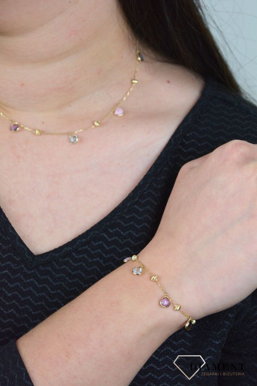 Złota bransoletka z kamieniami naturalnymi i złotymi kuleczkami DIA-BRA-BF1409-585.jpg