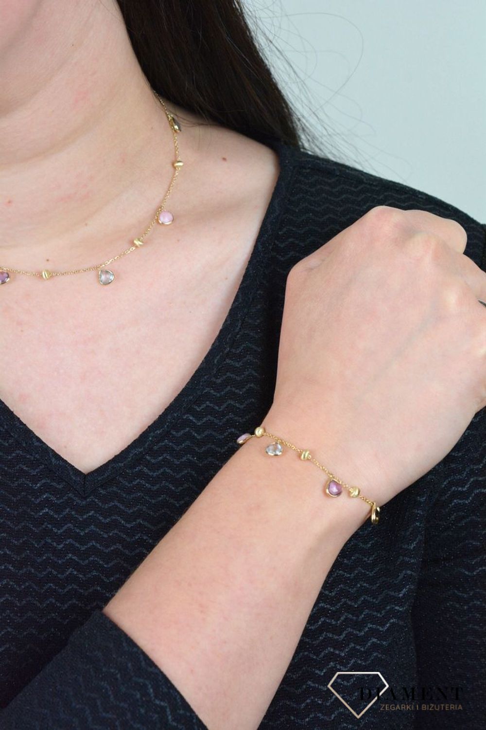 Złota bransoletka z kamieniami naturalnymi i złotymi kuleczkami DIA-BRA-BF1409-585.jpg