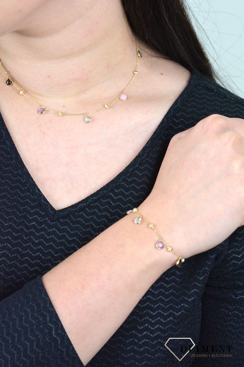 Złota bransoletka z kamieniami naturalnymi i złotymi kuleczkami DIA-BRA-BF1409-585.jpg