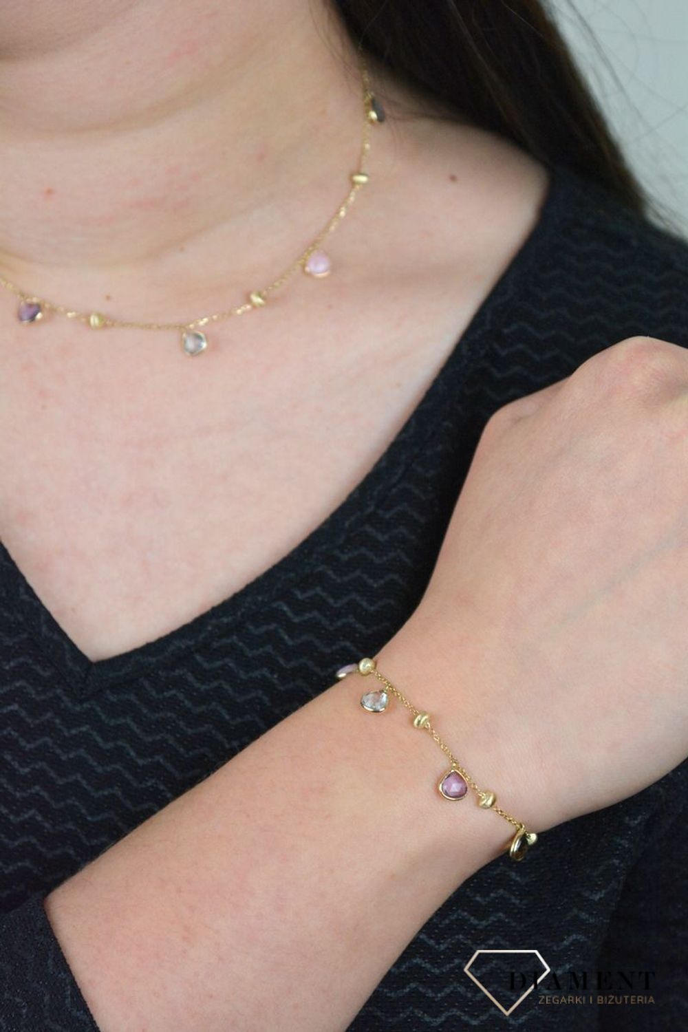 Złota bransoletka z kamieniami naturalnymi i złotymi kuleczkami DIA-BRA-BF1409-585.jpg
