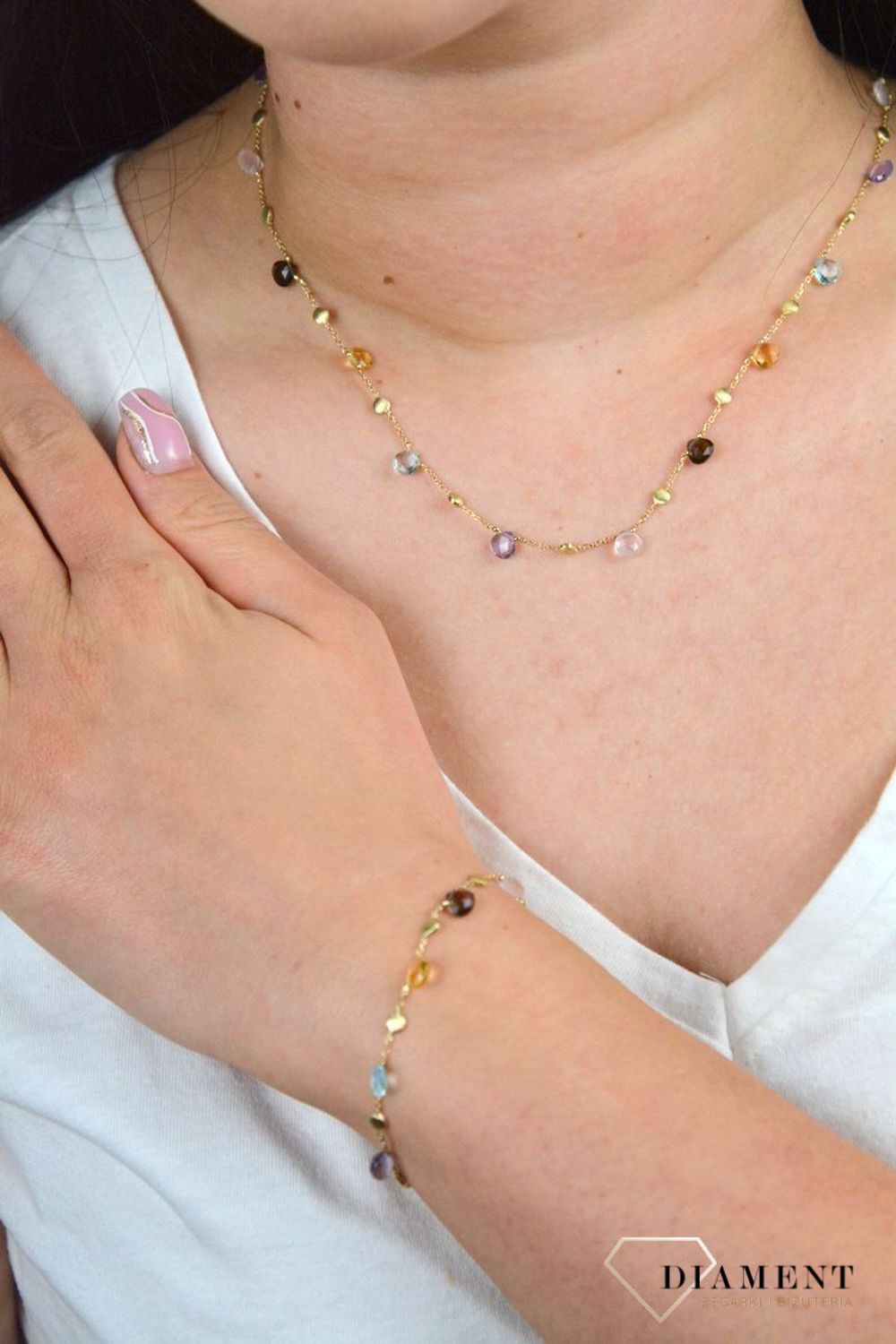 Złota bransoletka celebrytka z kamieniami cytryn, ametyst, kwarc dymny DIA-BRA-BF1421-585.jpg