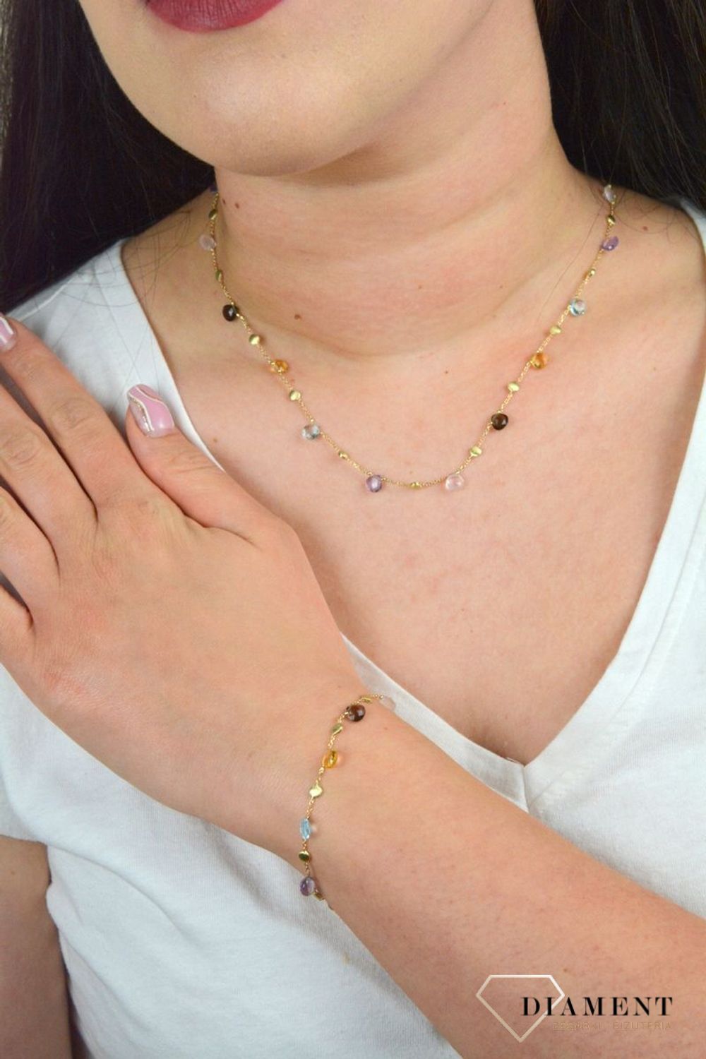 Złota bransoletka celebrytka z kamieniami cytryn, ametyst, kwarc dymny DIA-BRA-BF1421-585.jpg