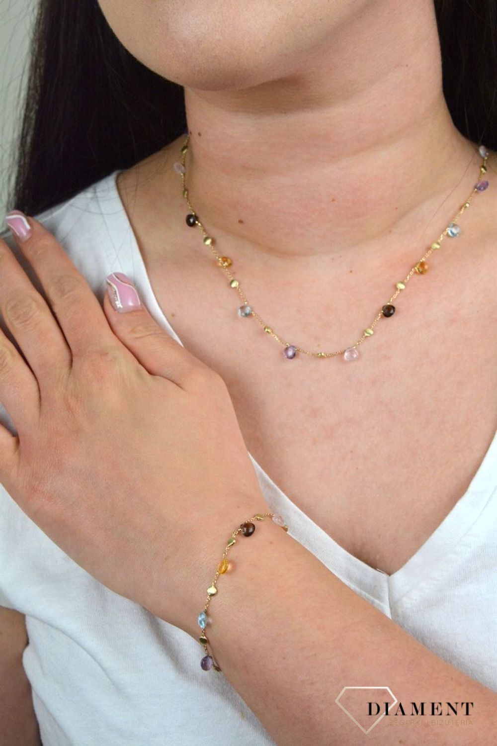 Złota bransoletka celebrytka z kamieniami cytryn, ametyst, kwarc dymny DIA-BRA-BF1421-585.jpg