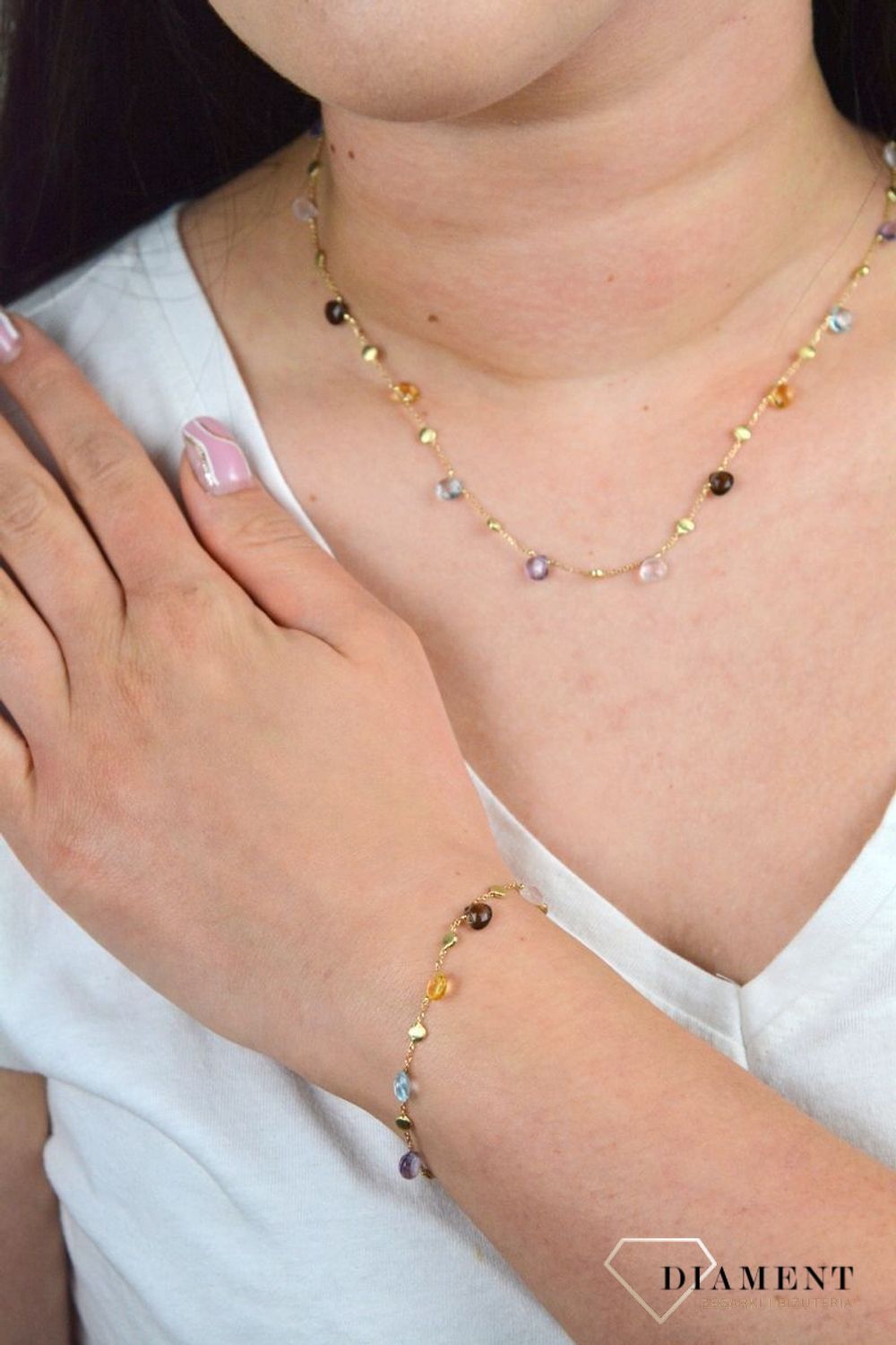 Złota bransoletka celebrytka z kamieniami cytryn, ametyst, kwarc dymny DIA-BRA-BF1421-585.jpg