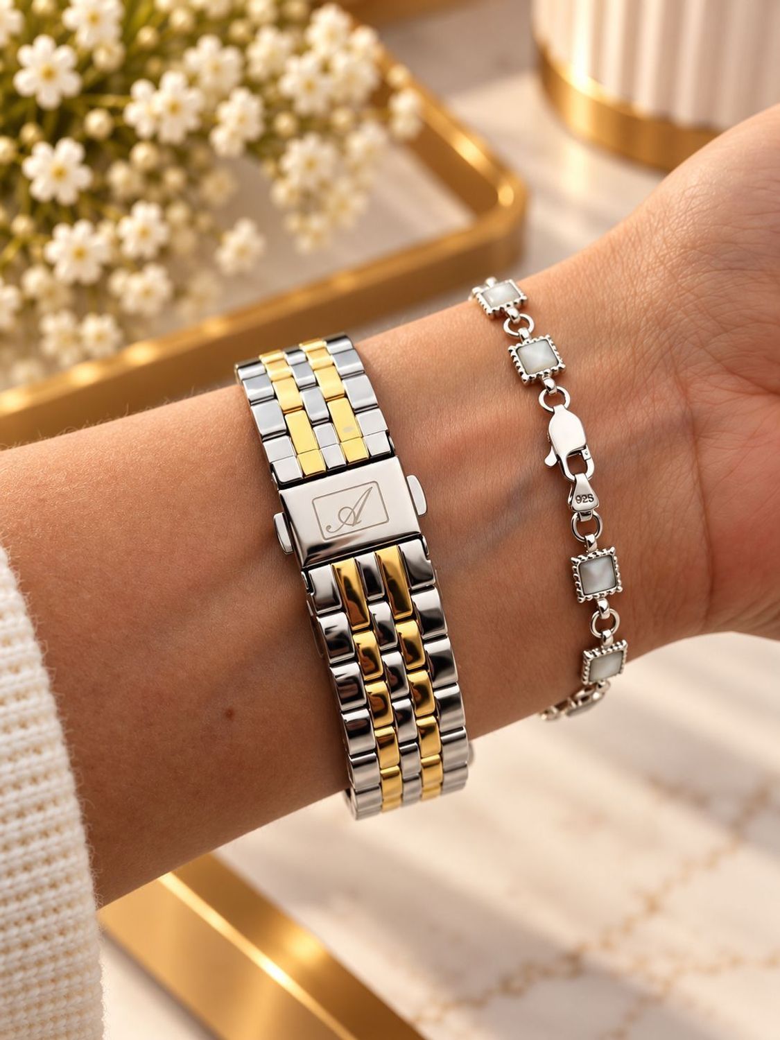 Bransoletka srebrna 925 z białym agatem 19 cm  Diamentf.jpg