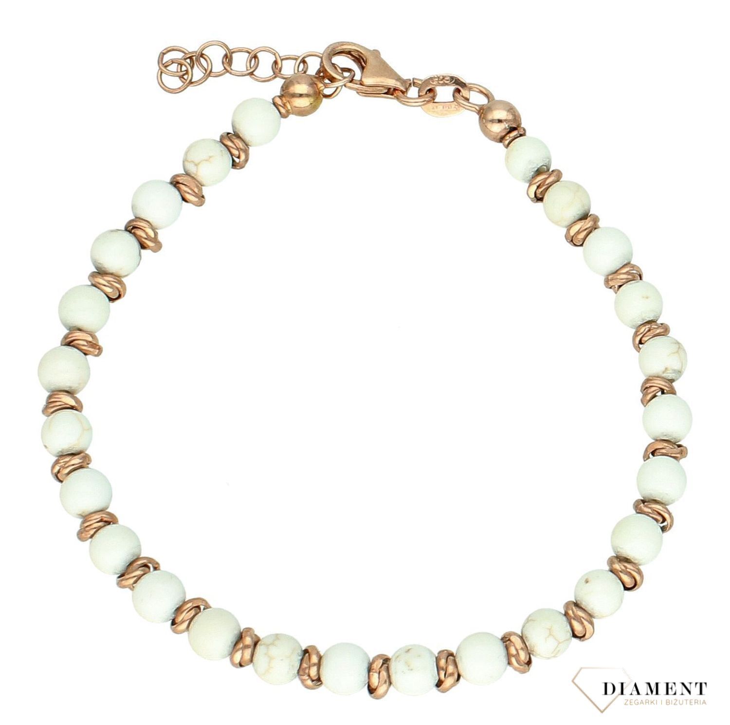 Srebrna bransoletka damska 925 białe koraliki w różowym złocie DIA-BRA-BIAŁE-KULECZKI-925  Bransoletka z białymi koralikami wykonana z próby 925 o klasycznej formie będzie idealnym prezentem dla ukochanej kobiety.1.jpg