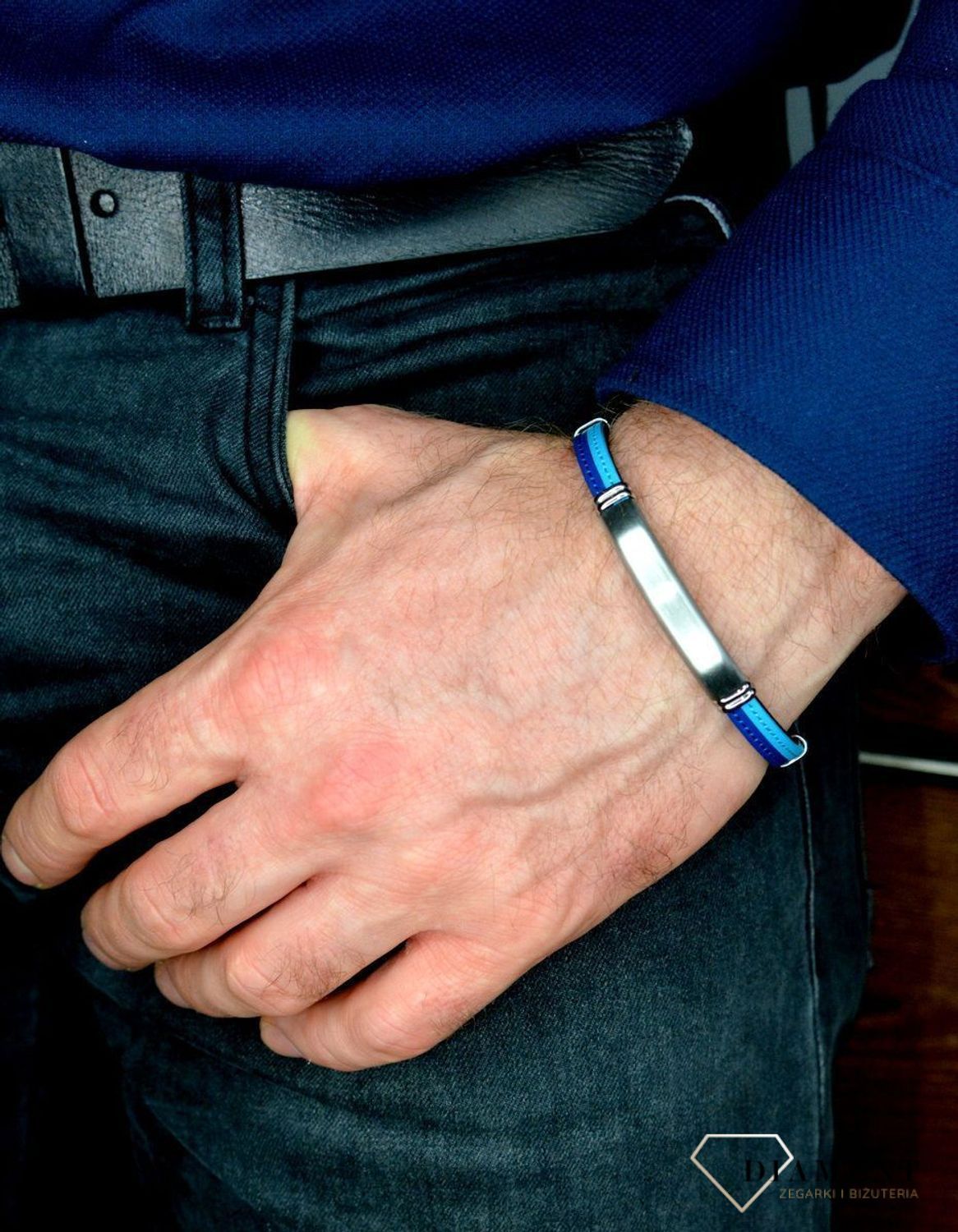 Bransoletka męska niebieskie paski z blaszką do graweru DIA-BRA-BSPBA13627.jpg