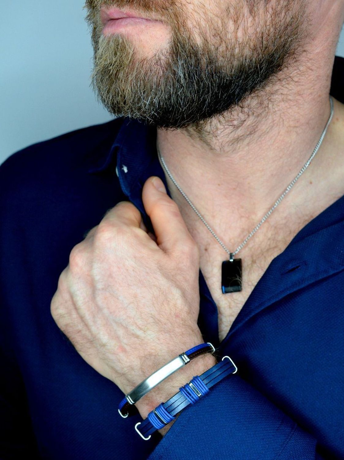 Bransoletka męska skórzana brązowy i niebieski pasek z blaszką do graweru DIA-BRA-BSPBA13628.jpg