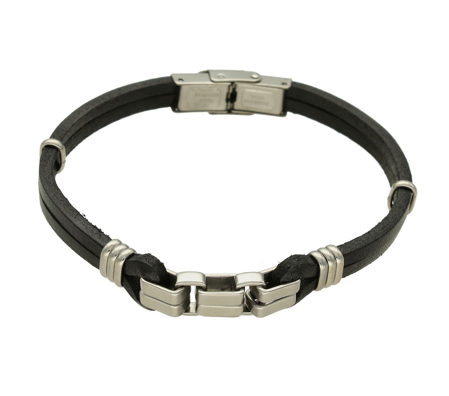 Skórzana bransoletka męska na czarnej skórze DIA-BRA-BSPBA13774.  Bransoletka składa się z dwóch wąskich pasków. Bransoletka posiada oryginalne zapięcie, która została wykonana ze stali szlachetnej. Mocna, czarna bransoletka męska id.jpg
