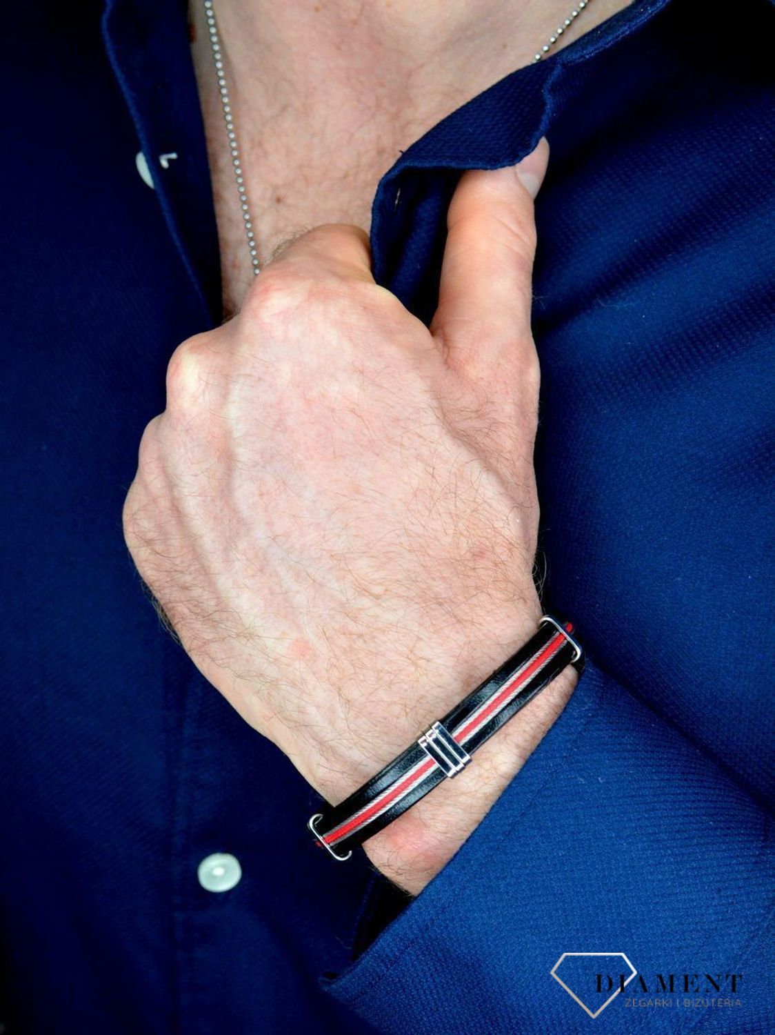 Bransoletka męska skórzana Czarna z czerwonymi wstawkami DIA-BRA-BSPBA13969.jpg