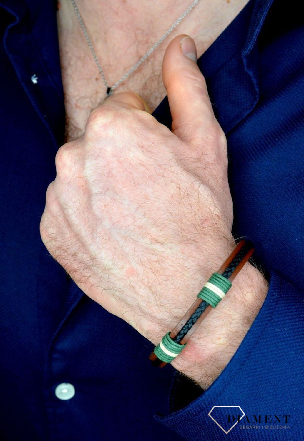 Bransoletka męska skórzana Brązowy pasek z zielonymi dodatkami DIA-BRA-BSPBA14220.jpg