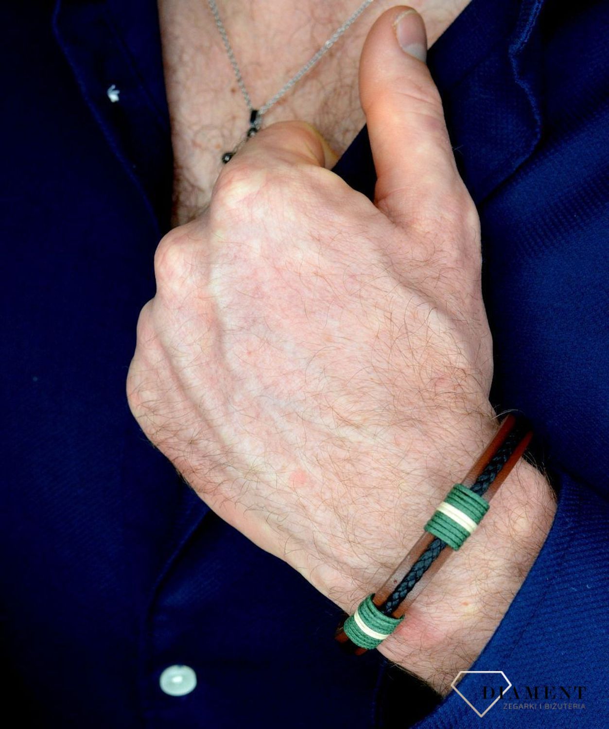 Bransoletka męska skórzana Brązowy pasek z zielonymi dodatkami DIA-BRA-BSPBA14220.jpg