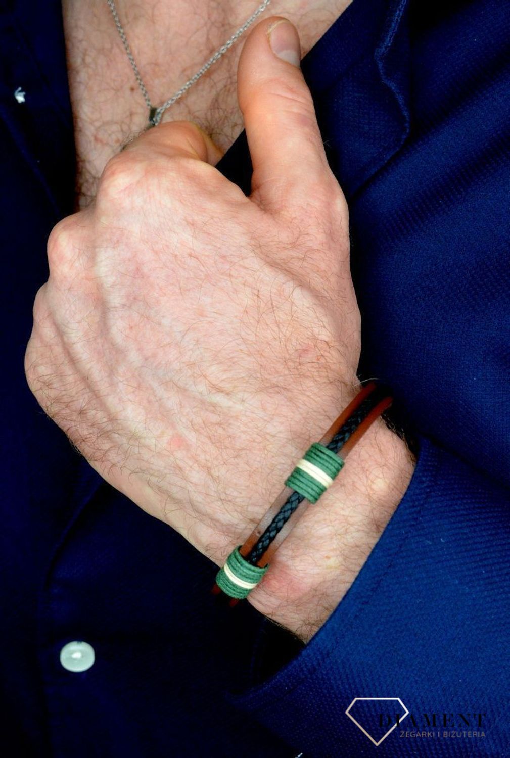 Bransoletka męska skórzana Brązowy pasek z zielonymi dodatkami DIA-BRA-BSPBA14220.jpg