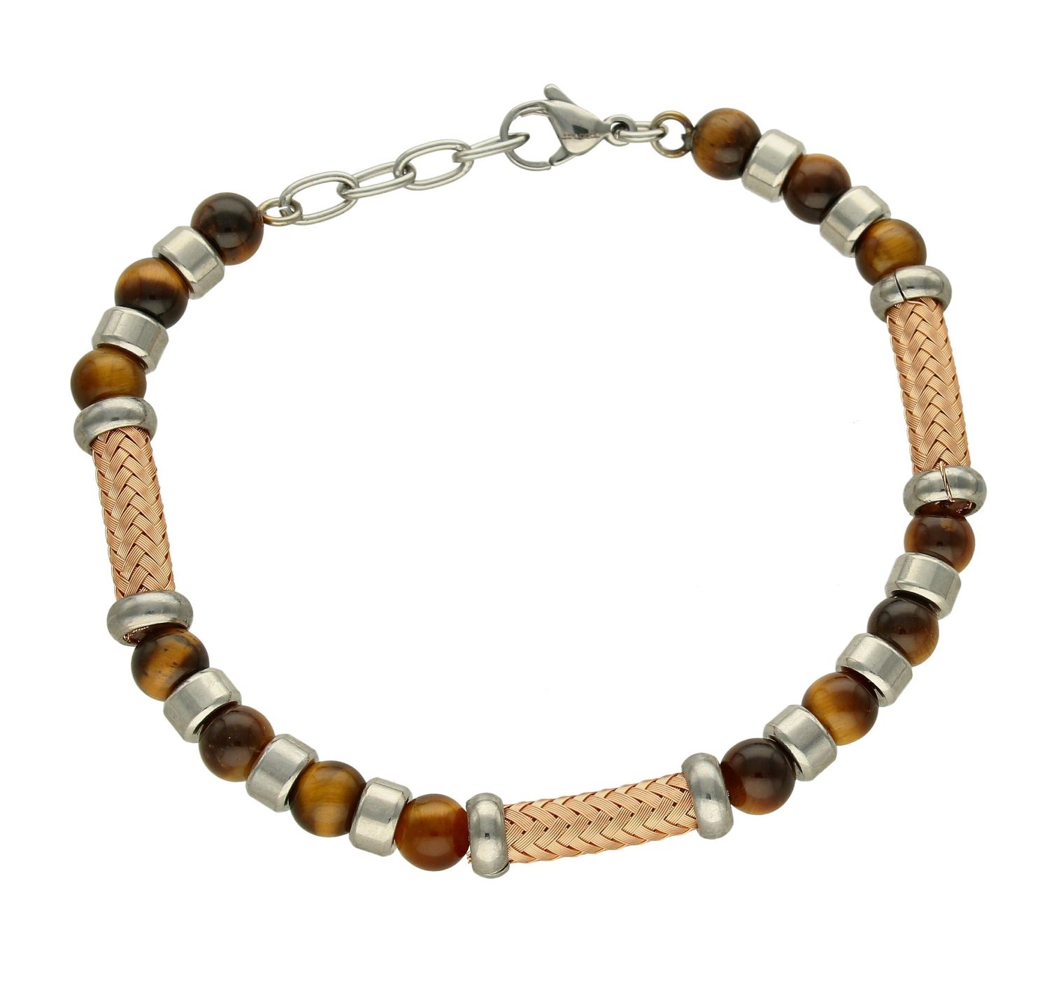 Biżuteria męska bransoletka DIA-BRA-BSPBA145457 wykonana z koralików kocich oczek w kolorze brązu oddzielonych od siebie stalowymi elementami. Bransoletka w kolorze brązowy.jpg