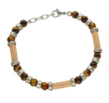 Biżuteria męska bransoletka DIA-BRA-BSPBA145457 wykonana z koralików kocich oczek w kolorze brązu oddzielonych od siebie stalowymi elementami. Bransoletka w kolorze brązowy.jpg