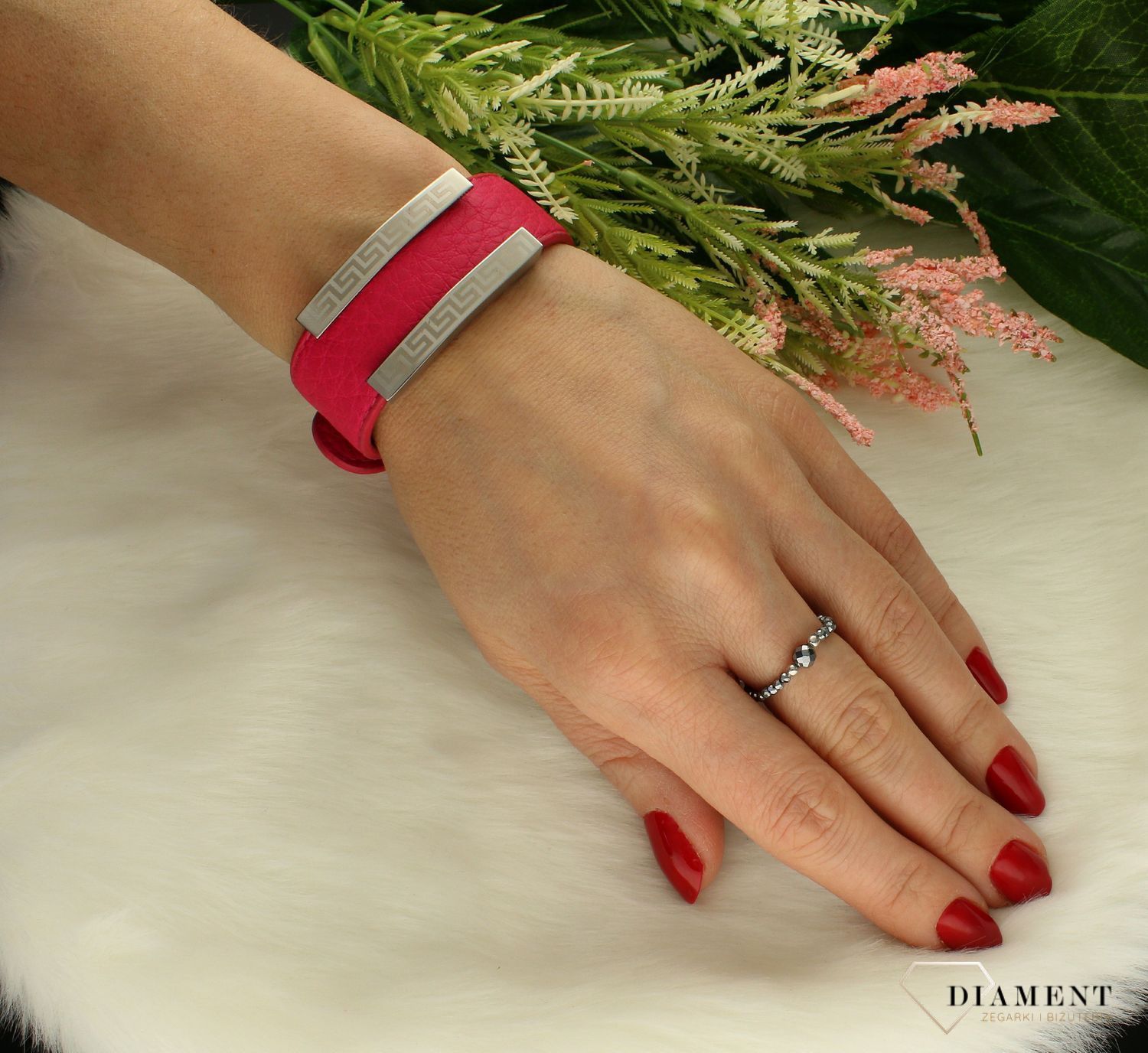 Bransoletka damska skórzana różowa 'Droga Grecka' DIA-BRA-DROGA-GRECKA-STAL. Bransoletka damska skórzana. Bransoletka damska z motywem Drogi Greckiej. Bransoletka szeroka skórzana. Idealna damska bransoletka różowa na prezen.jpg