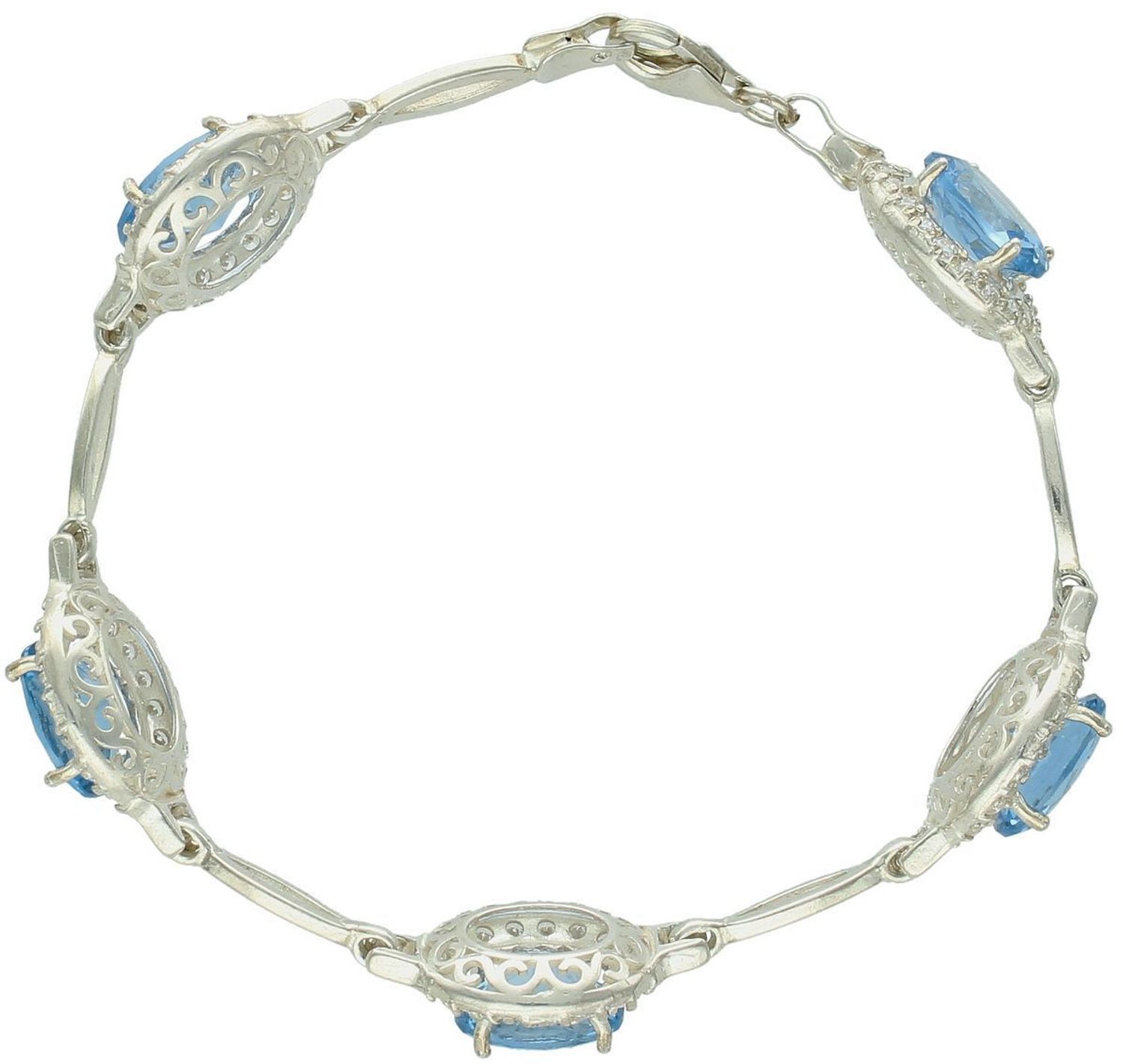 Olśniewająca srebrna bransoletka z dużymi niebieskimi i białymi cyrkoniami. Waga 17,30 g, długość 20 cm, zapinana na karabińczyk. Stylowy dodatek dla kobiet.1.jpg