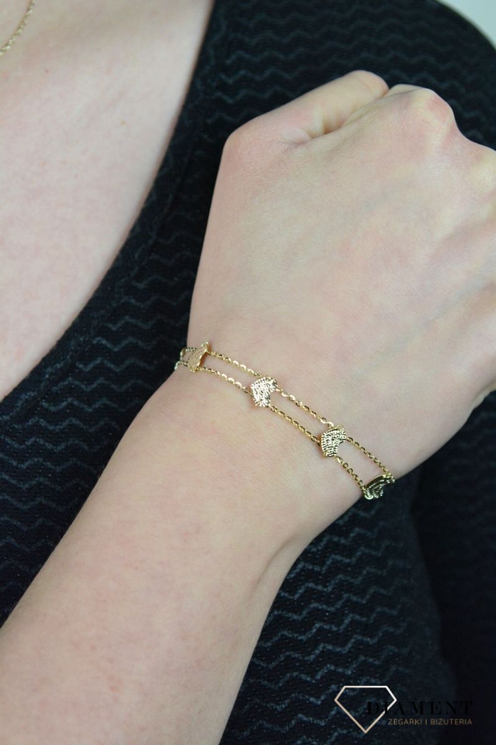 Złota bransoletka podwójny łańcuszek połączony sercami DIA-BRA-ENT40-585.jpg