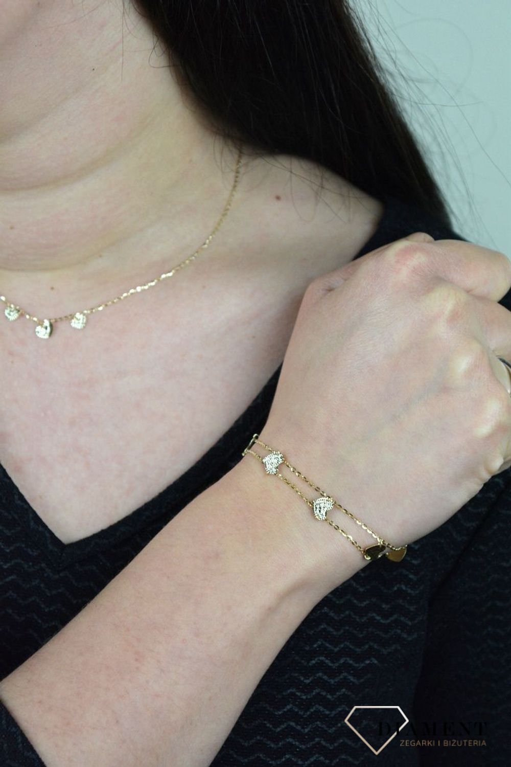 Złota bransoletka podwójny łańcuszek połączony sercami DIA-BRA-ENT40-585.jpg
