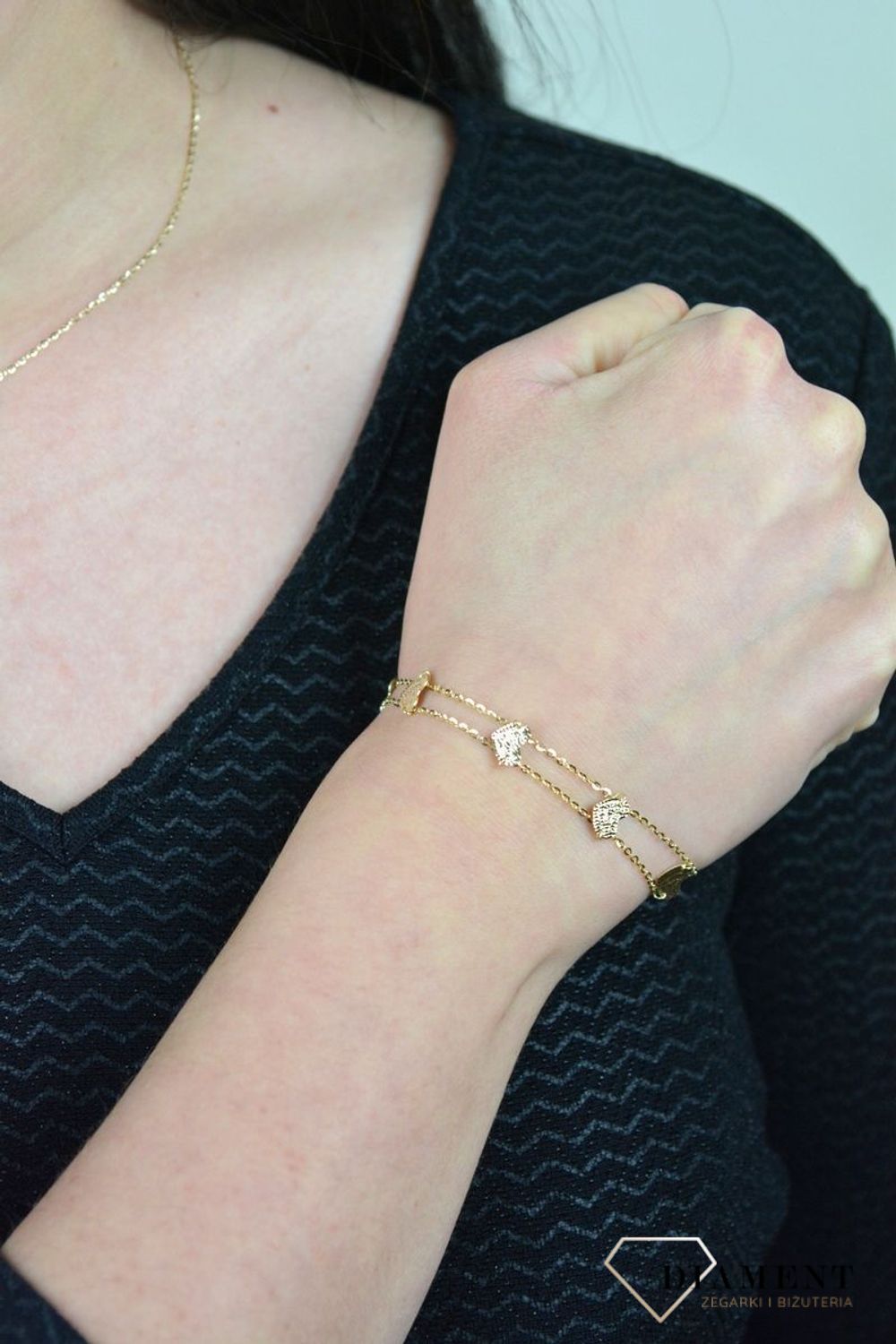 Złota bransoletka podwójny łańcuszek połączony sercami DIA-BRA-ENT40-585.jpg