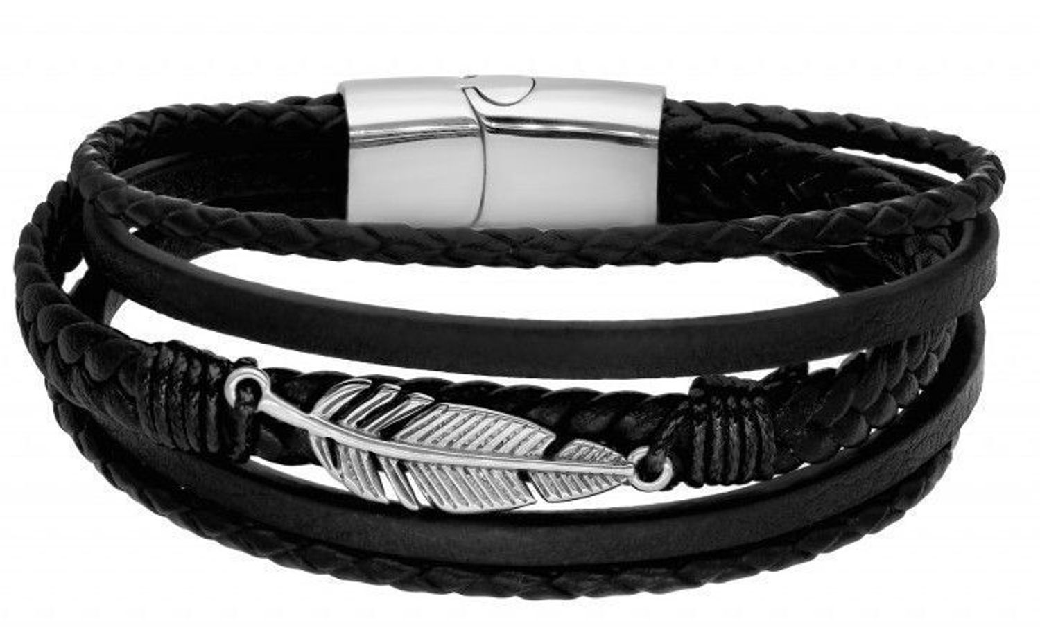 Bransoletka męska skórzana plecionka czarna z piórem DIA-BRA-IMS0351023BS-STAL.jpg