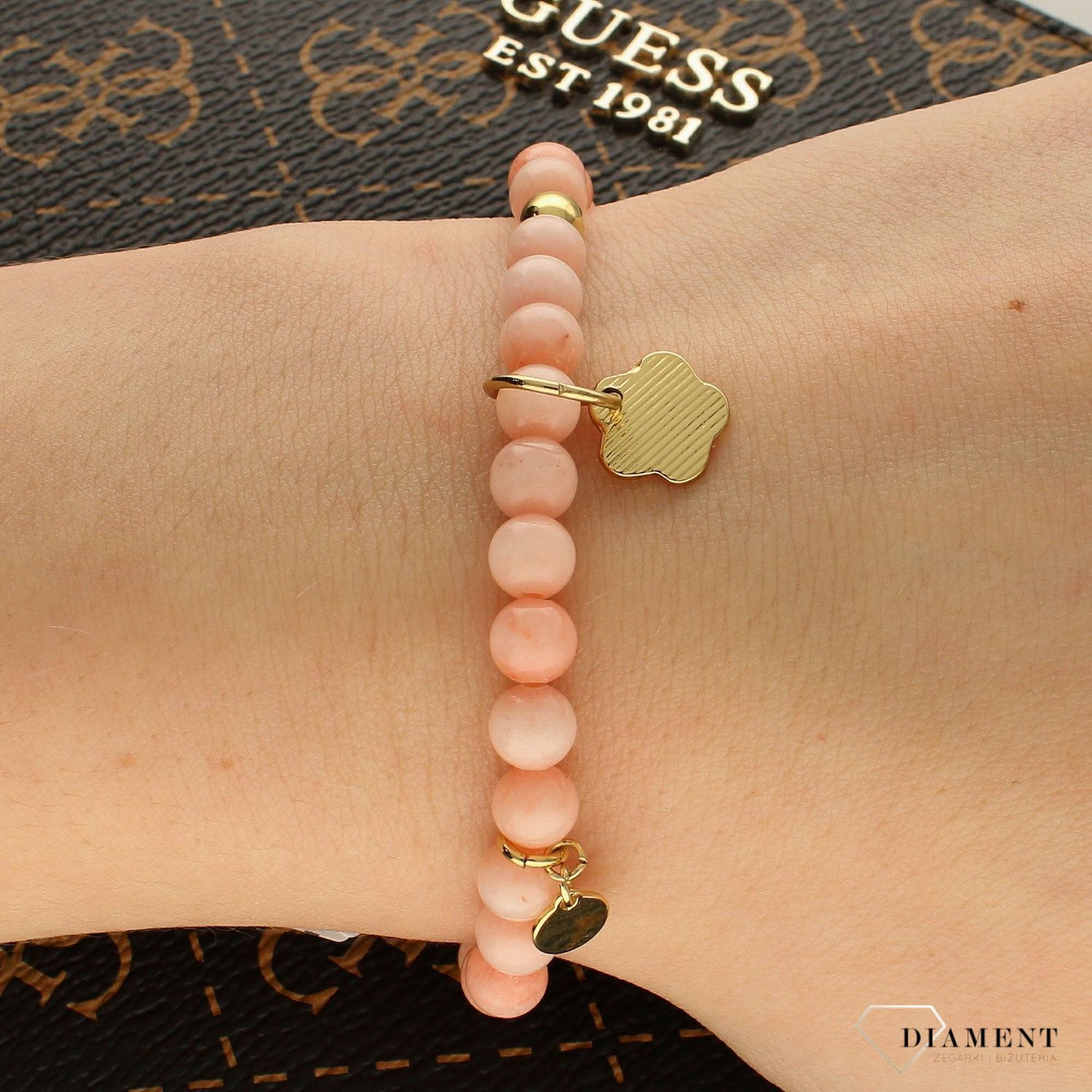 Bransoletka damska Jadeit z zawieszką koniczynka grawerowana DIA-BRA-KORALIKI-KONICZYNKA. Wyjątkowa bransoletka damska z różowamy kamieniami naturalnymi. Bransoletka z kamieniami Jadeit (2).jpg