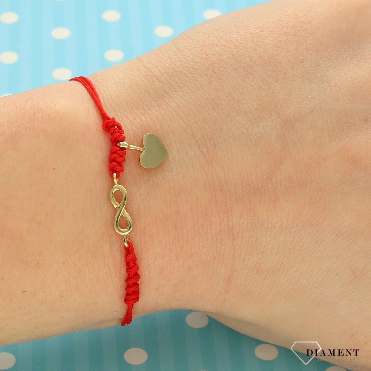 Złota bransoletka na czerwonym sznurku nieskończoność i gładkie serce DIA-BRA-LU023CG8K-333v.jpg