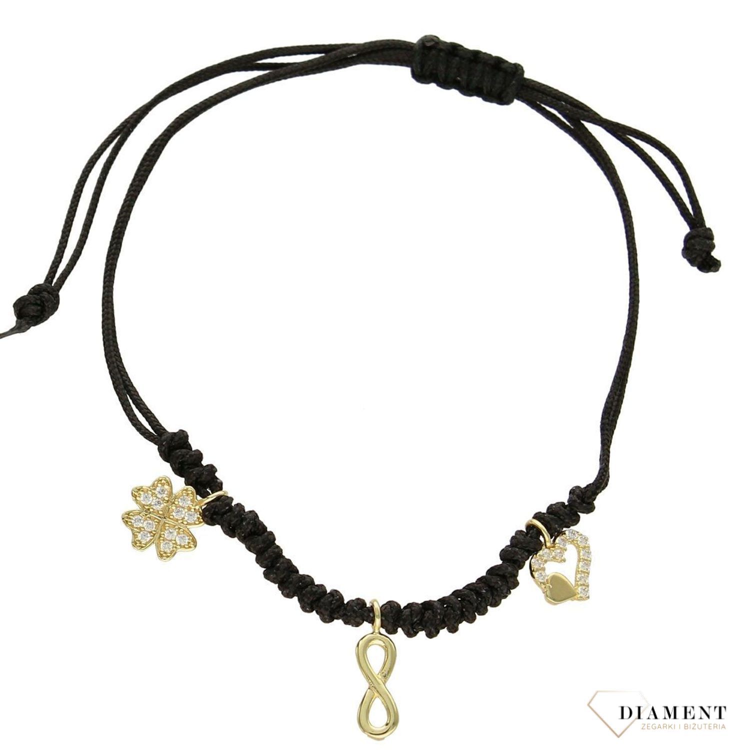 Złota bransoletka na sznureczku z sercem, koniczynką i znakiem nieskończoności (1).jpg