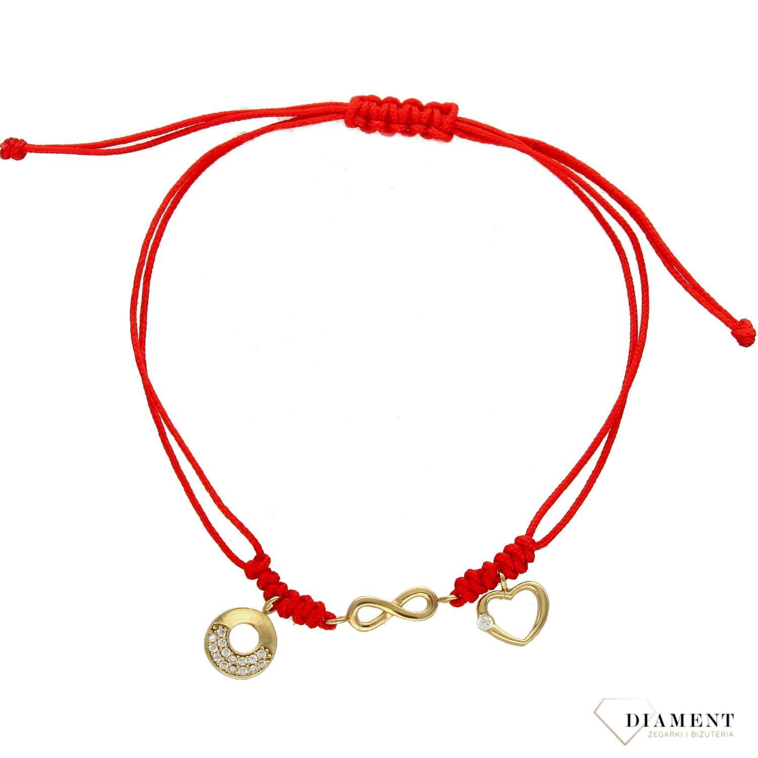Złota bransoletka na czerwonym sznurku nieskończoność, kółko i serce DIA-BRA-LU042BG8K-333.jpg