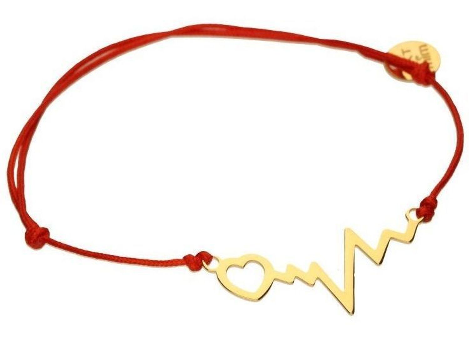 Bransoletka na czerwonym sznurku jubilerskim ze złotem próby 585. Motyw EKG z sercem (10x25 mm), blaszka 5x7 mm, regulowana długość. Waga złota 0,60 g. Symboliczna, lekka, idealna na prezent.1.jpg