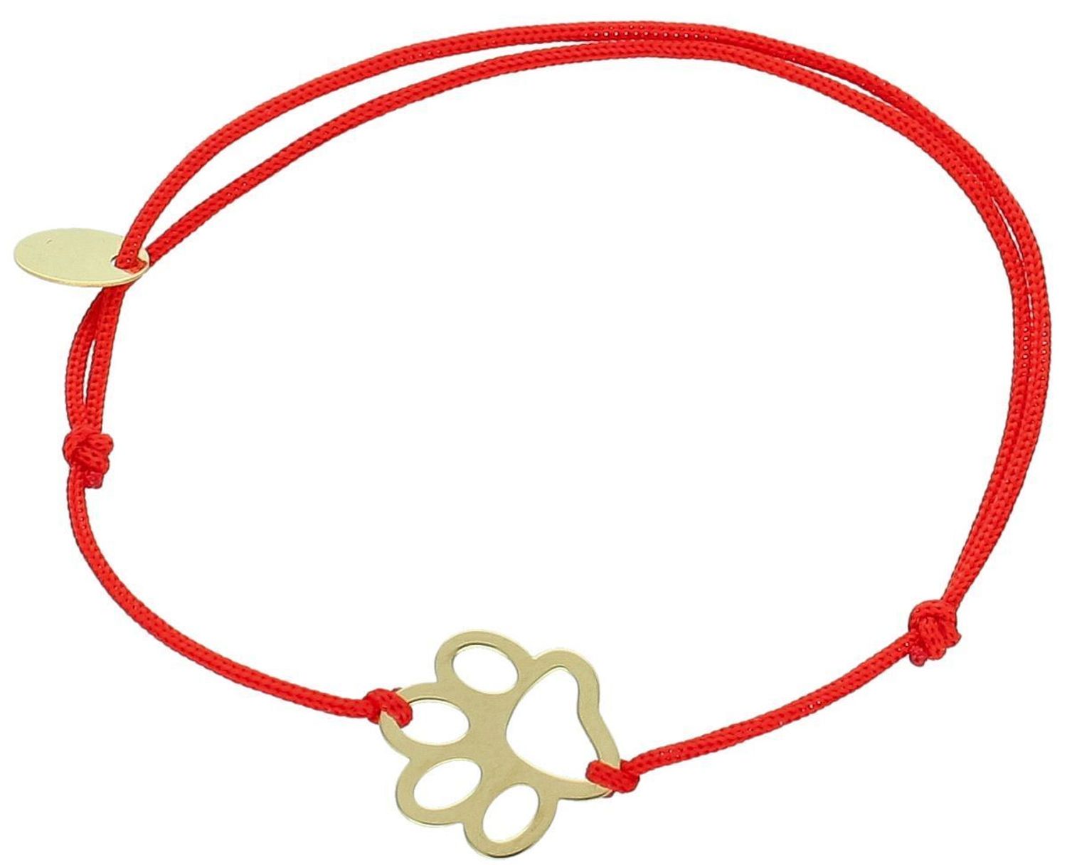 Złota bransoletka damska próby 585 z czerwoną nitką i zawieszką w kształcie psiej łapki (1,1 cm). Regulowane zapięcie, waga 0,44 g. Model DIA-BRA-LU104G14KRED – subtelna i symboliczna.1.jpg