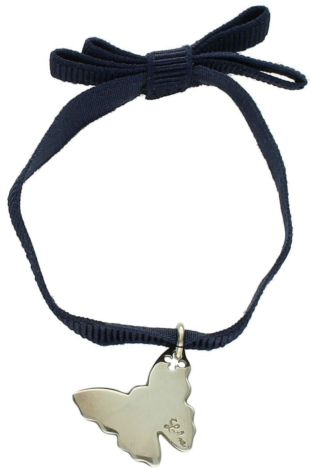 Bransoletka damska na granatowym sznurku z kokardką i srebrną zawieszką motylkiem próby 925. Motylek 1,9 x 2,5 cm, waga 3,50 g. Lekka, romantyczna biżuteria idealna na prezent.1.jpg