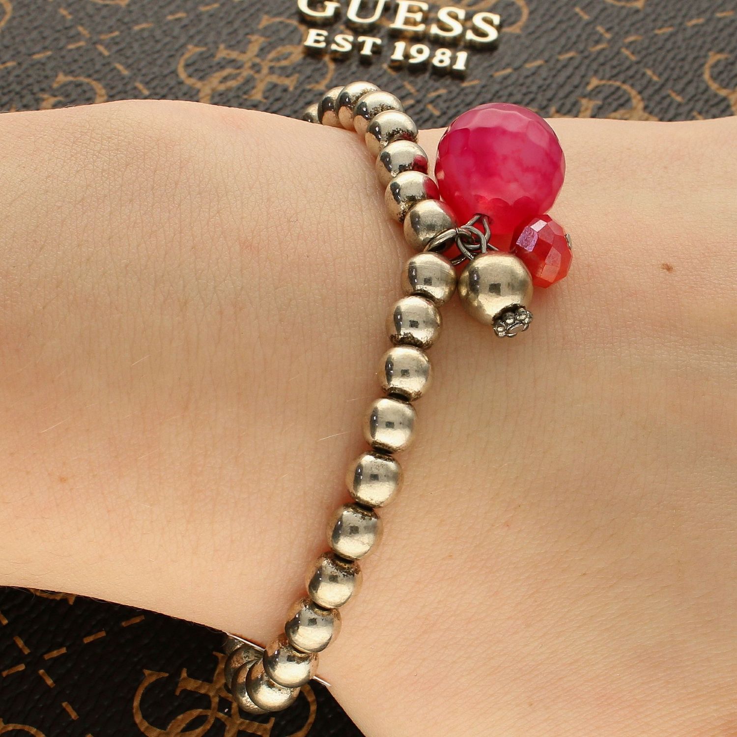 Bransoletka damska koraliki z różowa kulką DIA-BRA-Metalowe-KORALIKI6. Bransoletka z metalowych koralików. Bransoletka z zawieszką. Bransoletka z różową kulką.  (2).jpg