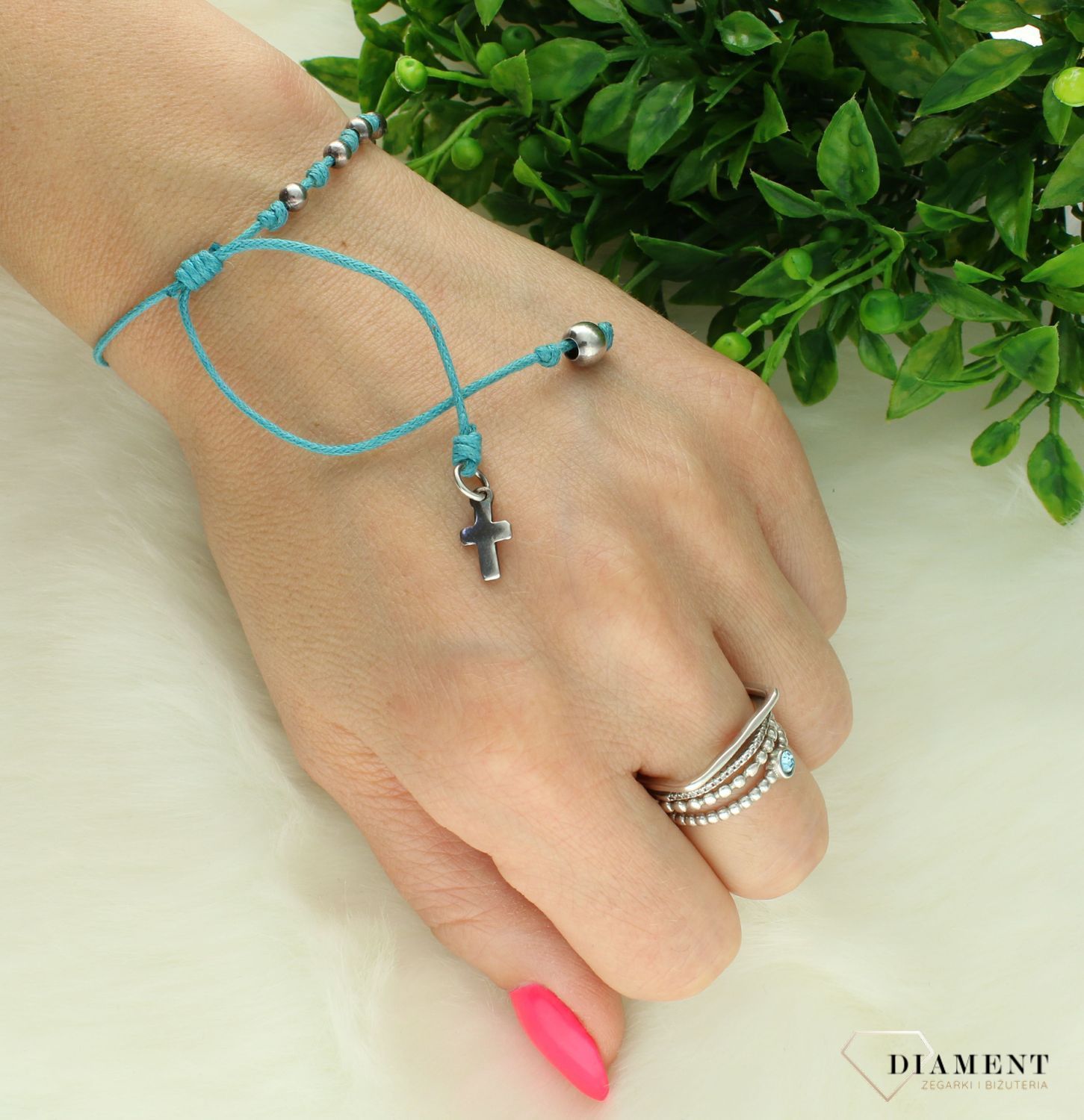 Srebrna bransoletka damska 925 na turkusowym sznureczku dziesiątka różańca z krzyżem DIA-BRA-NIEBIESKI-SZNUREK-925. Bransoletka typu różaniec będzie idealnym prezentem na komunię czy bierzmowanie.4.jpg