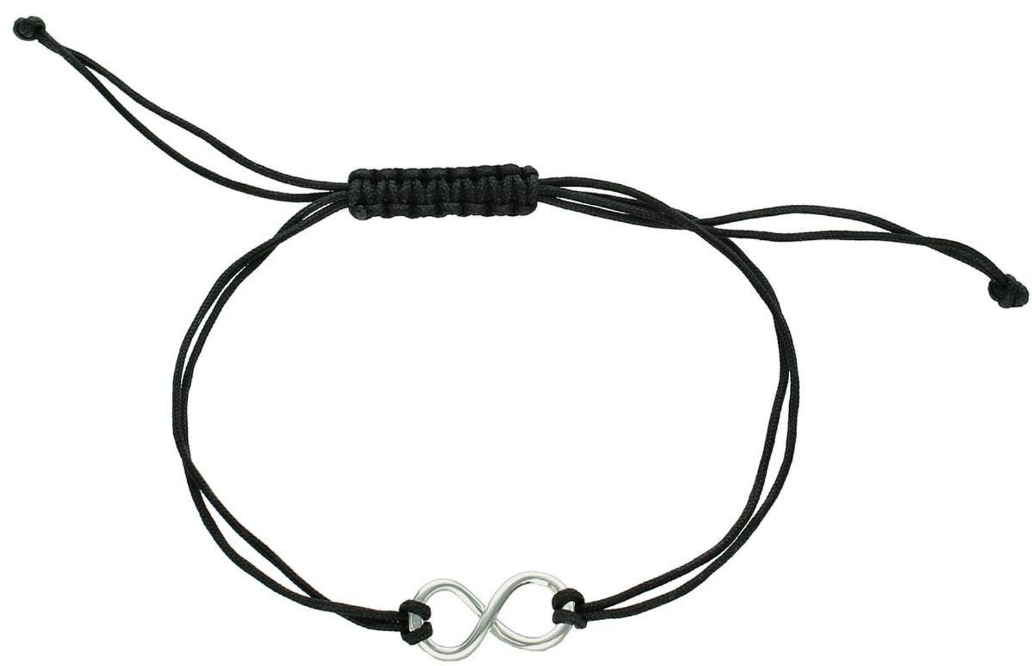 Bransoletka damska na czarnym sznureczku ze srebra 925, zdobiona symbolem nieskończoności 1,5 cm x 8 mm, waga 0,90 g. Symboliczna i subtelna biżuteria idealna na prezent.1.jpg