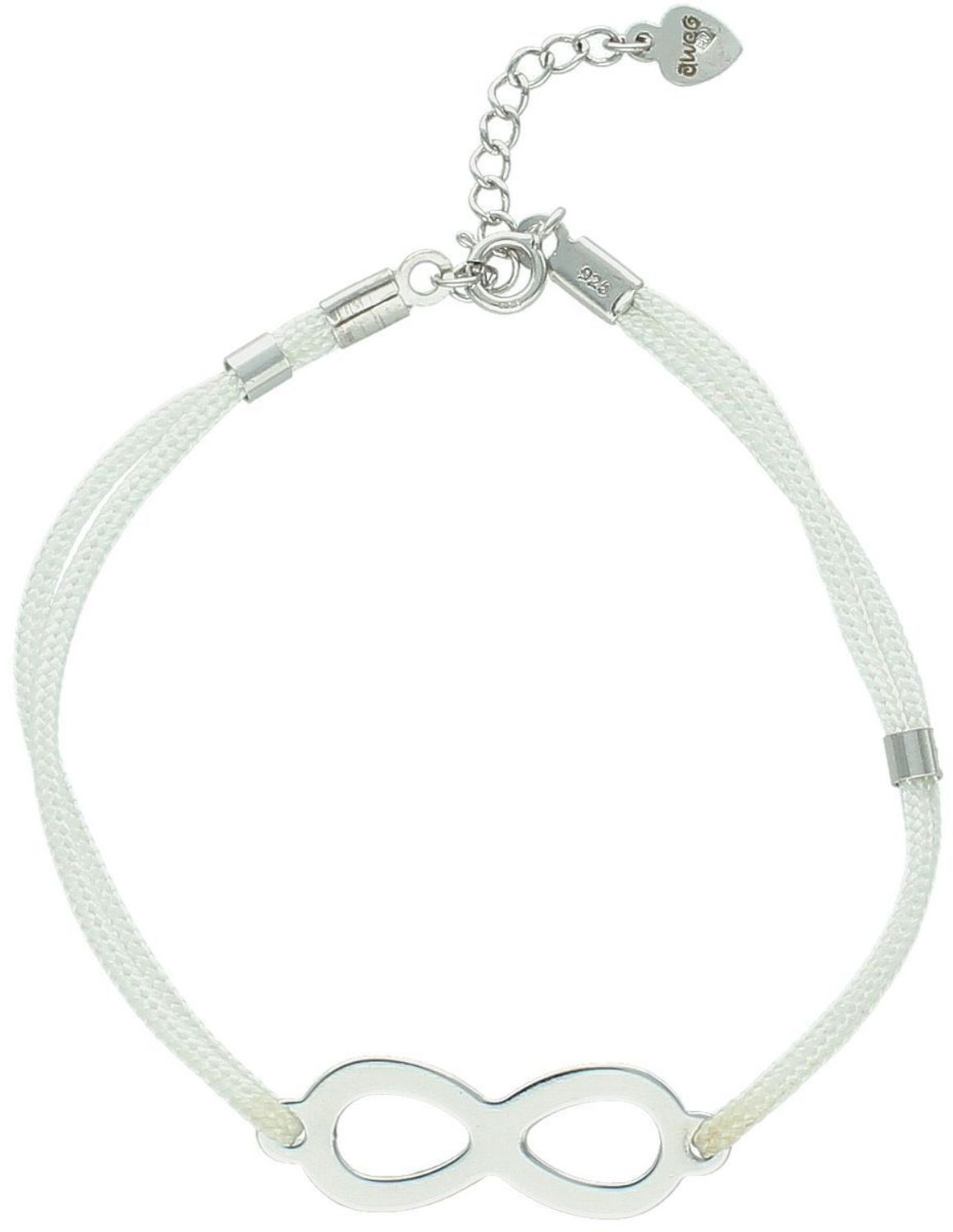 Delikatna bransoletka damska ze srebra próby 925 z motywem nieskończoności na białym sznureczku. Długość 17 cm + 2,5 cm regulacja, zapięcie na karabińczyk.1.jpg