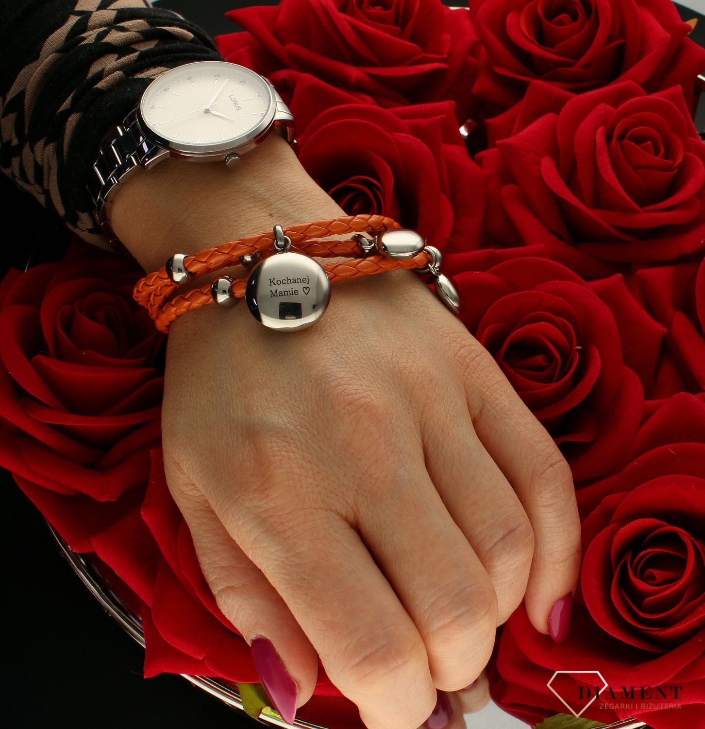 Bransoletka damska pleciony pomarańczowa skóra z kuleczkami ''Kochanej mamie' Prezent na Dzień Mamy (2).jpg