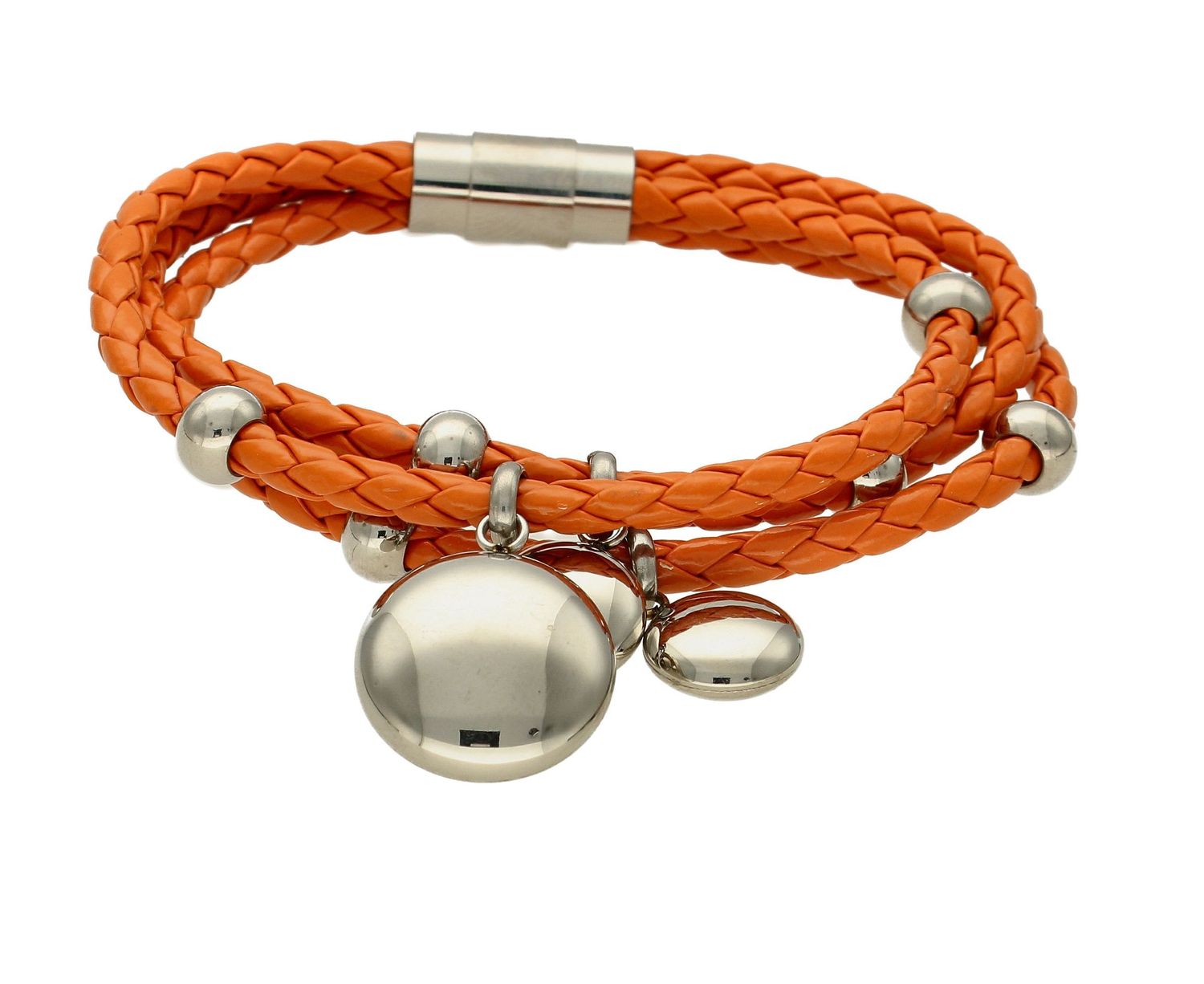 Bransoletka pleciony rzemyk z kuleczkami DIA-BRA-ORANGE-STAL. Bransoletka pleciona na rzemyku Pomarańczowa. Bransoletka damska w odważnym kolorze pomarańczowym, dopełni codzienną stylizację. Bransoletka przyozdobiona jest za.jpg
