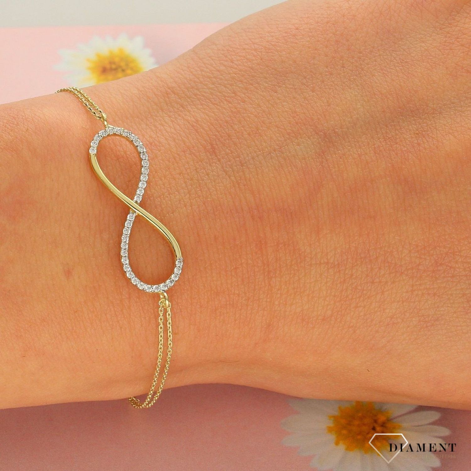 Złota bransoletka celebrytka 333 znak nieskończoności z cyrkonią  (1).jpg