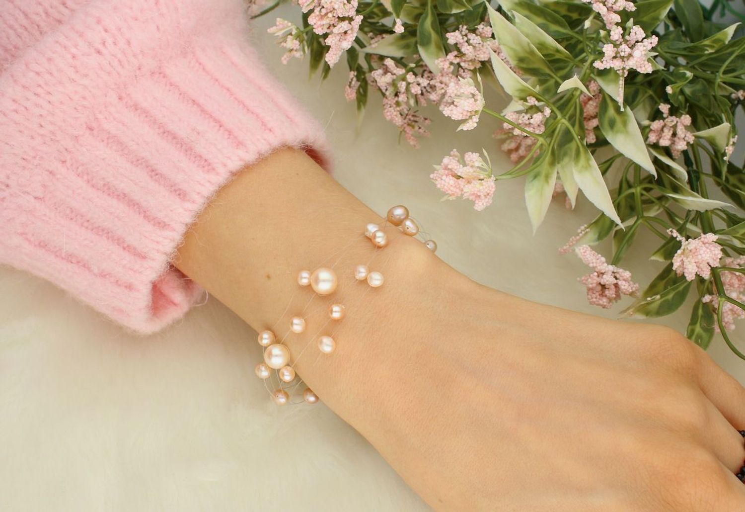 Bransoletka z łososiowych pereł 4–7 mm na 5 żyłkach – srebro 925  Elegancja i styl (2).jpg