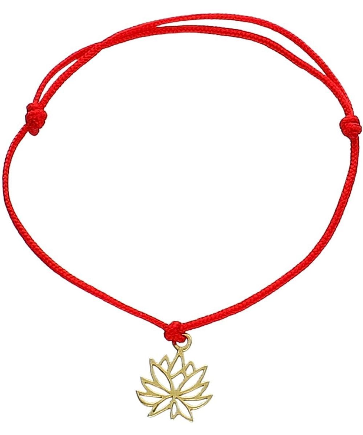 Bransoletka czerwony sznurek z motywem pozłacanego kwiata lotosu.jpg