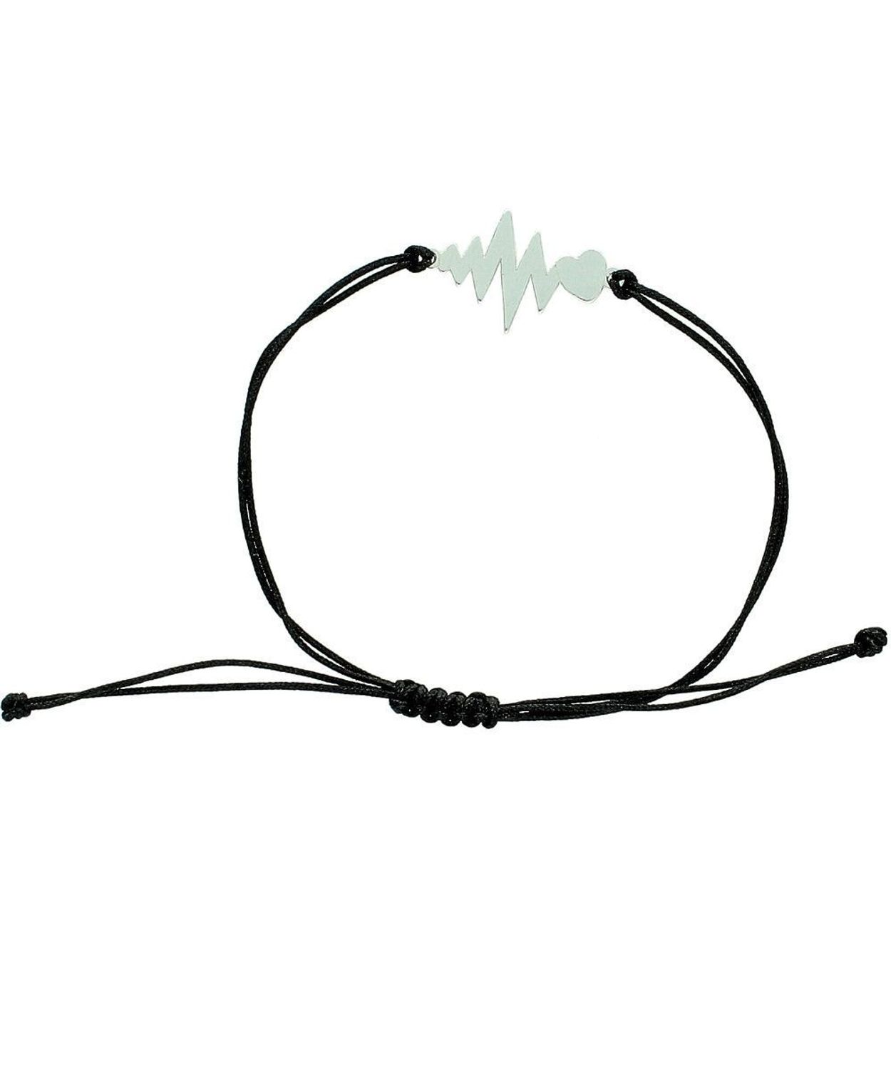 Bransoletka sznurkowa czarna ze srebrnym sercem i pulsem – regulowana, minimalistyczna.jpg