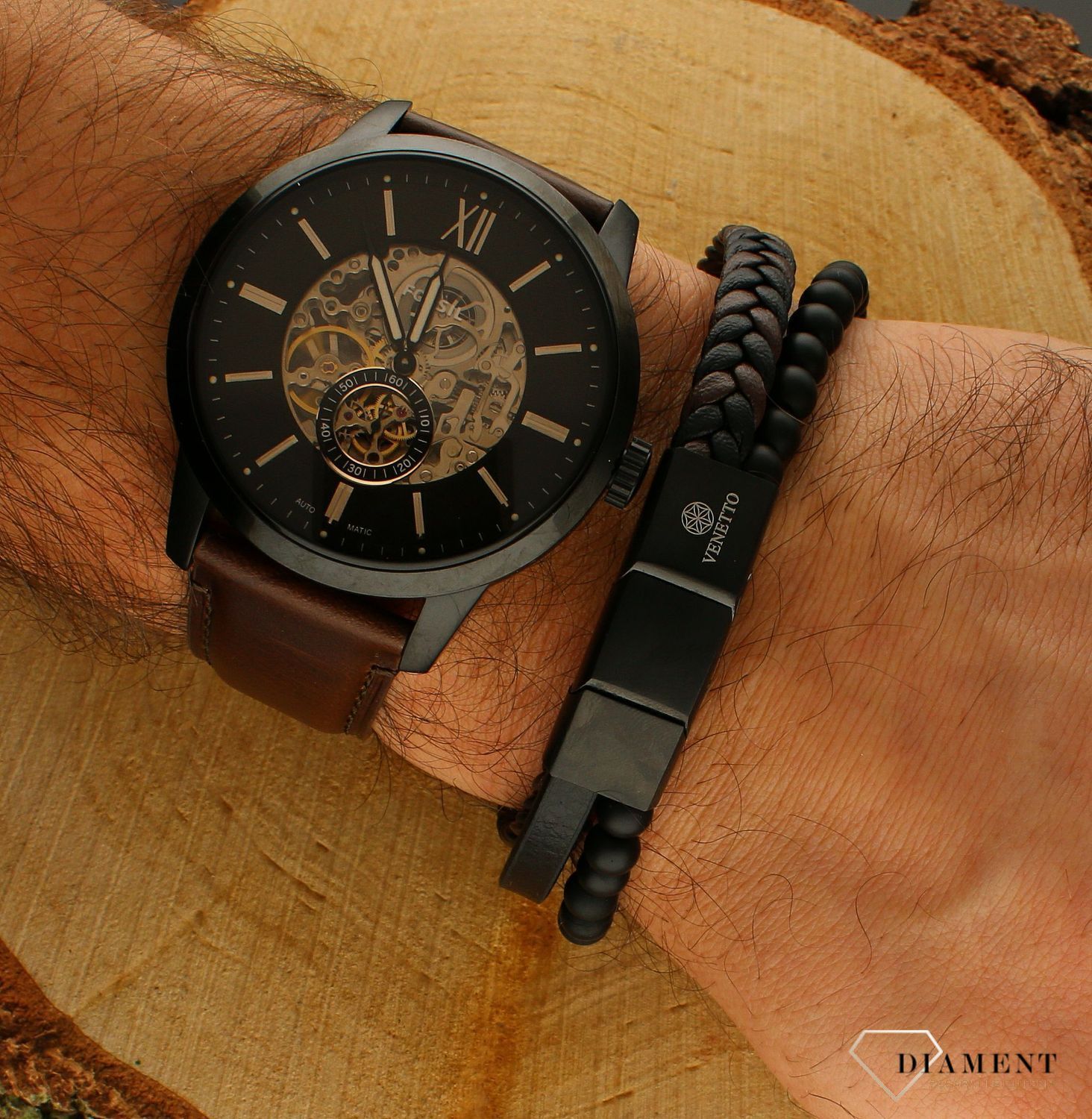 Bransoletka męska skórzana plecionka z koralikami  Grawer gratis DIA-BRA-S1174254-STAL.jpg